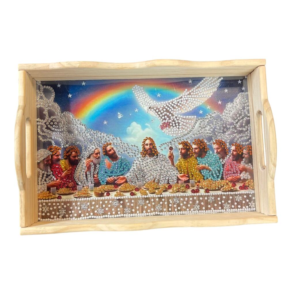 Handmade Diamond Painting Last Supper Wooden Serving Tray Decor